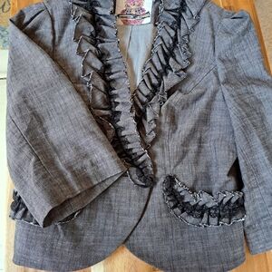 Desigual Charcoal Blazer with Black Ruffle Accents